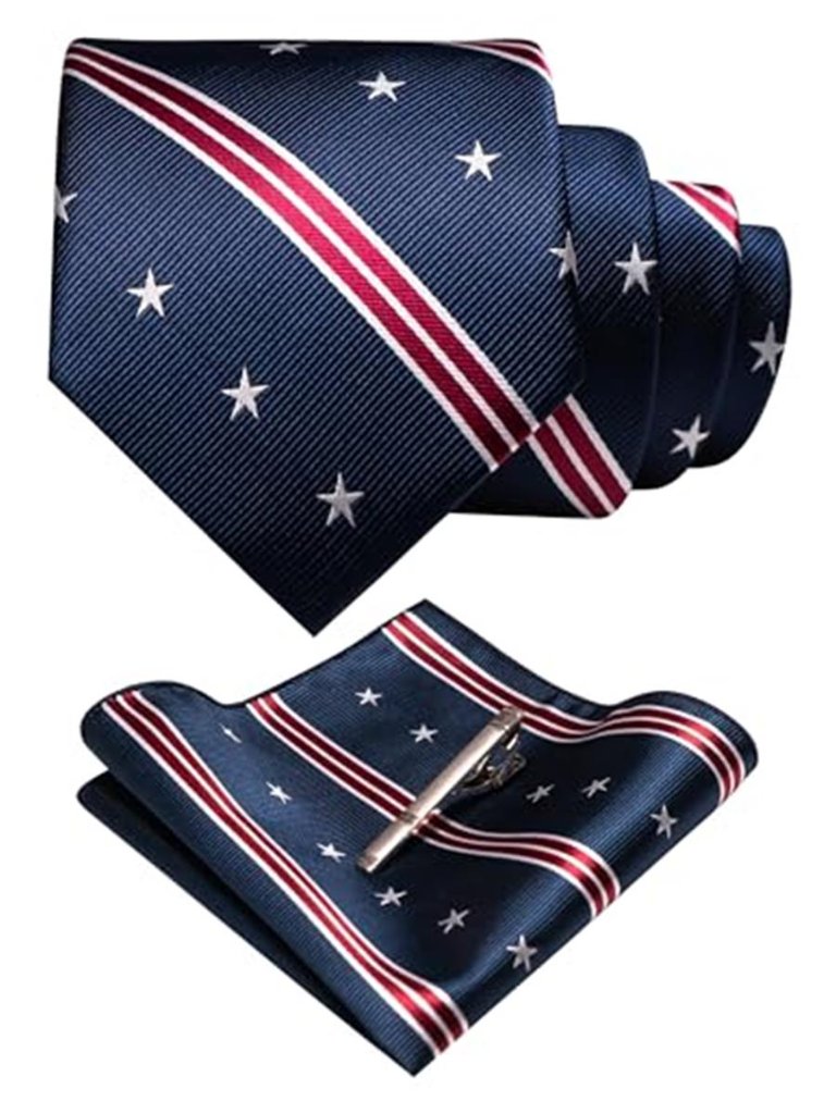 Men's Silk Stripe Plaid Tie And Pocket Square With Tie Clip Set